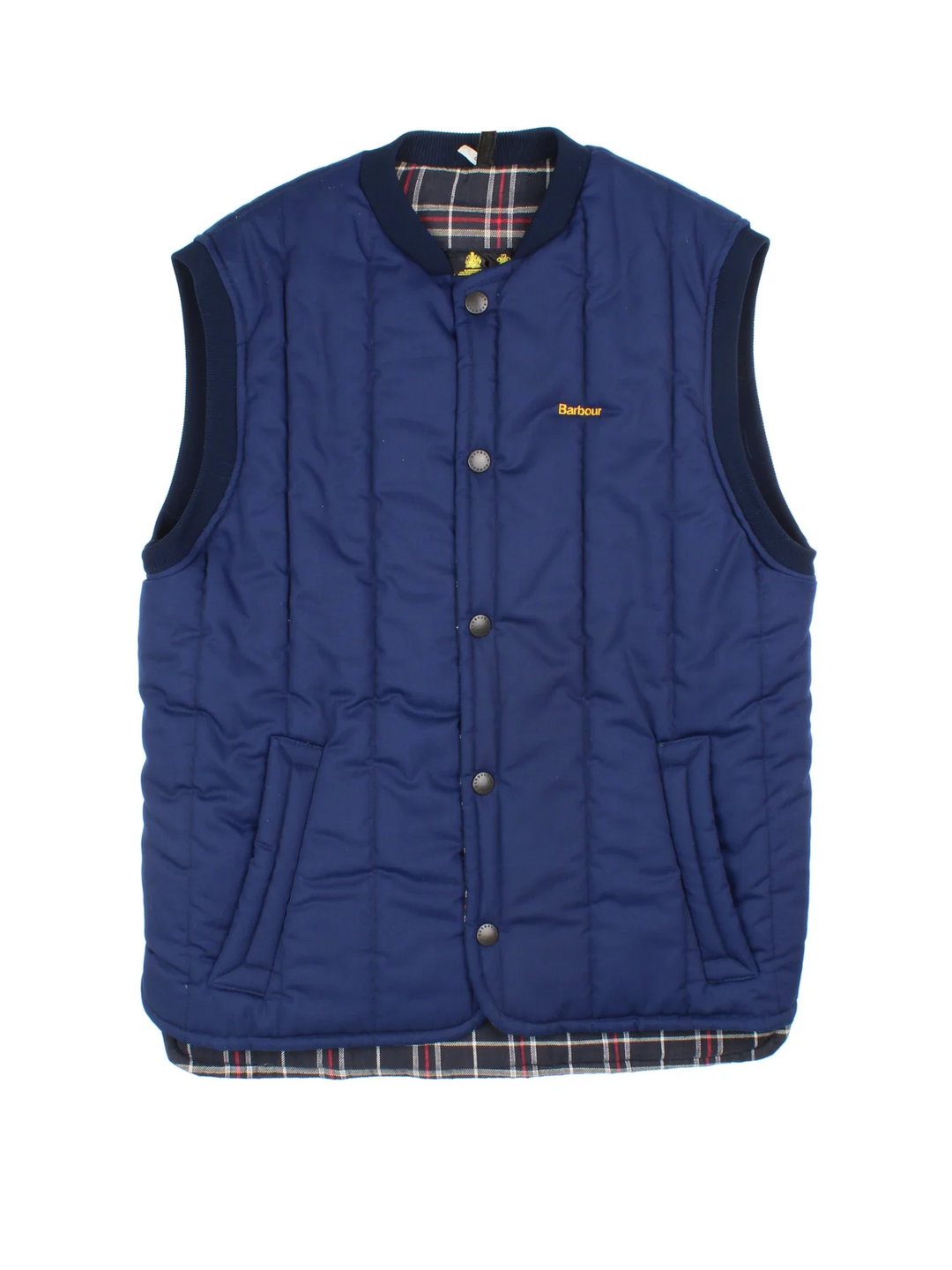 Barbour Quilted Gilet in a blue colourway. Button up fastening, side pockets and embroidered branding on the front.