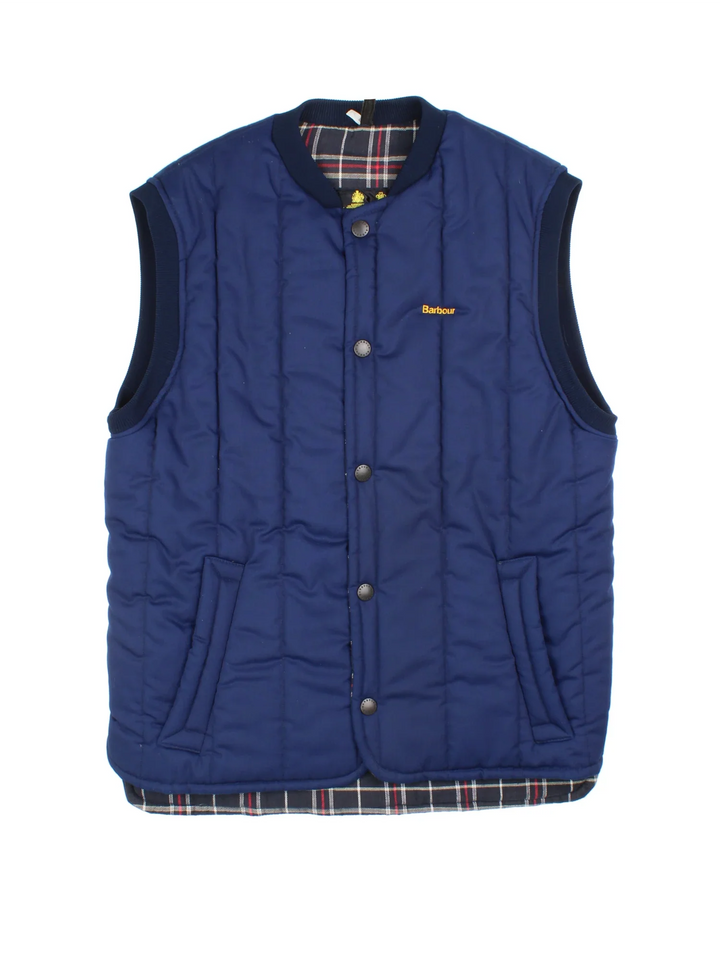 Barbour Quilted Gilet in a blue colourway. Button up fastening, side pockets and embroidered branding on the front.