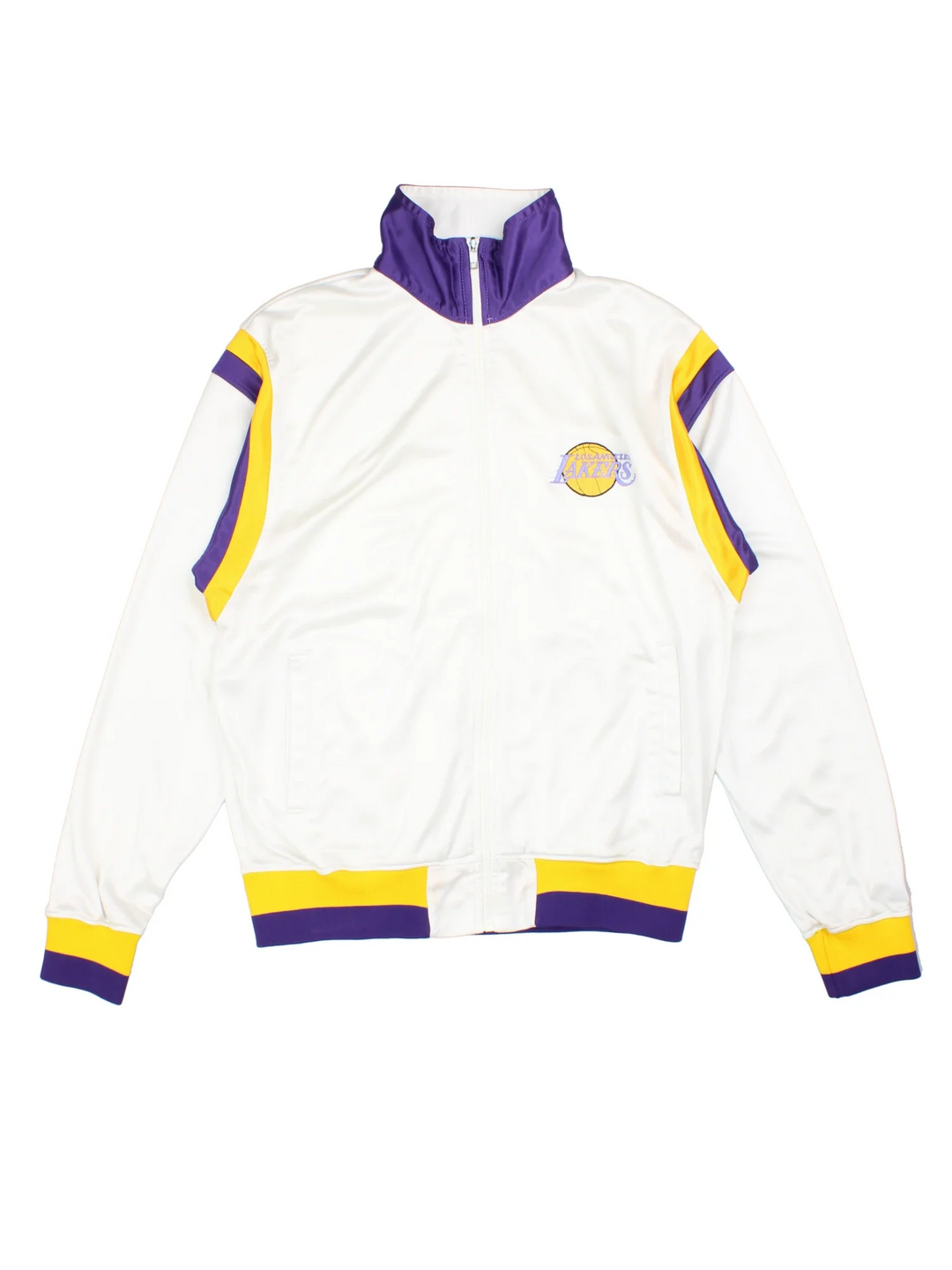 90's Los Angeles Lakers Starter Tracksuit Jacket in a white colourway with yellow and purple team colour detailing. Zip up closure, has side pockets, and the logo embroidered on the front.