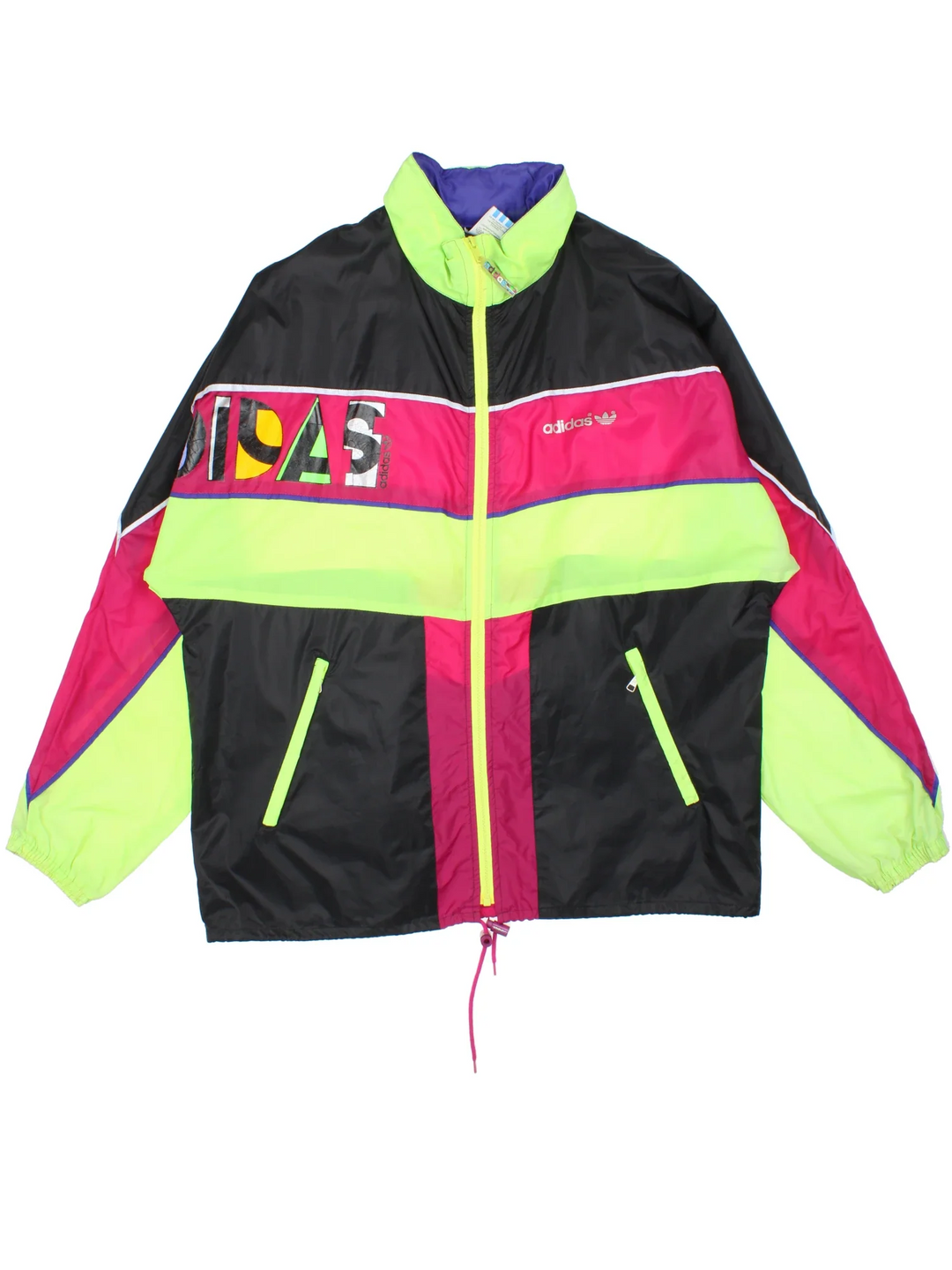 Vintage 80's Adidas Windbreaker in a black/pink colourway. Zips up and has side pockets, contrast colour panels and logo printed on the front.