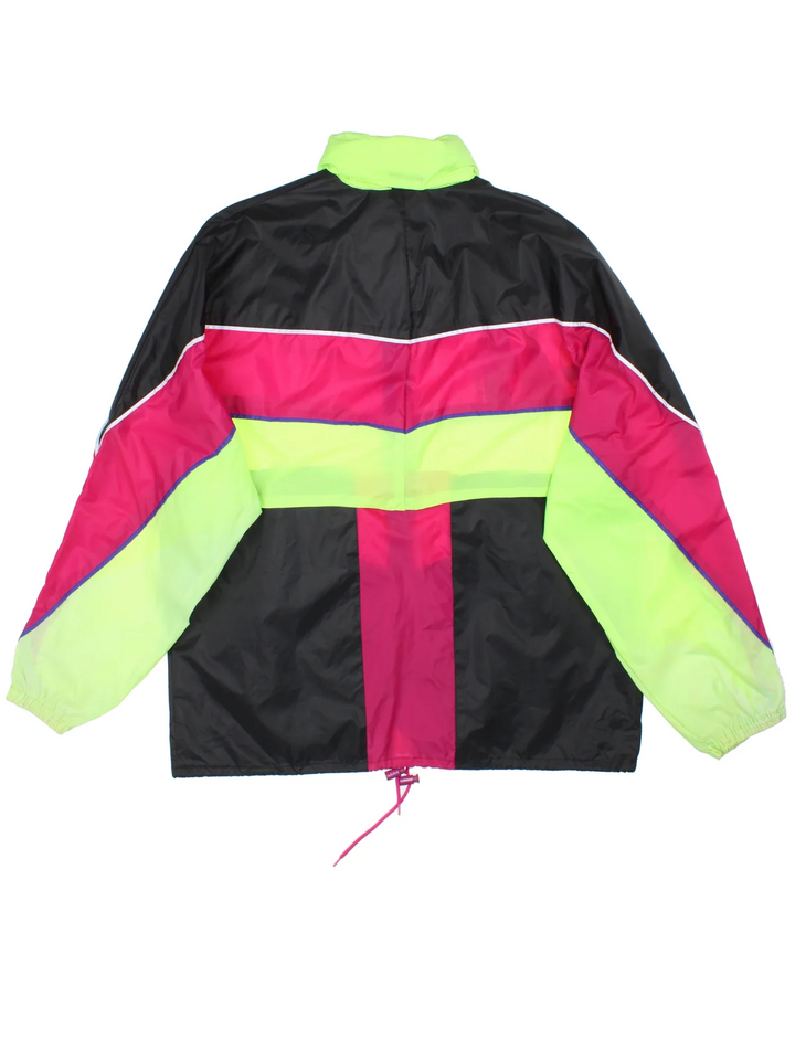 Vintage 80's Adidas Windbreaker in a black/pink colourway. Zips up and has side pockets, contrast colour panels and logo printed on the front.