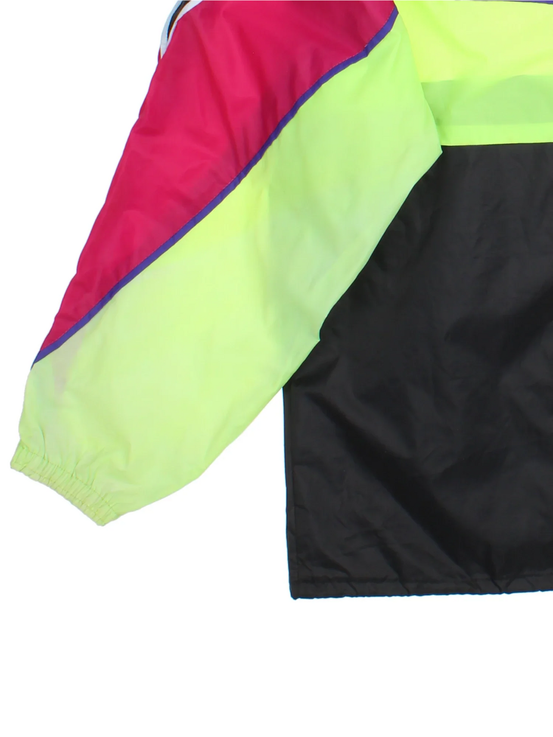 Vintage 80's Adidas Windbreaker in a black/pink colourway. Zips up and has side pockets, contrast colour panels and logo printed on the front.