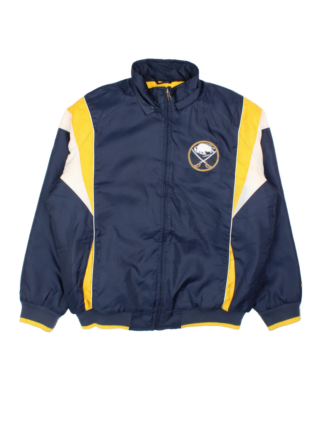 Vintage Buffalo Sabers NHL Jacket in a blue colourway with yellow and white panelling. Full zip up front, multiple pockets, small logo on the front and large logo across the back.