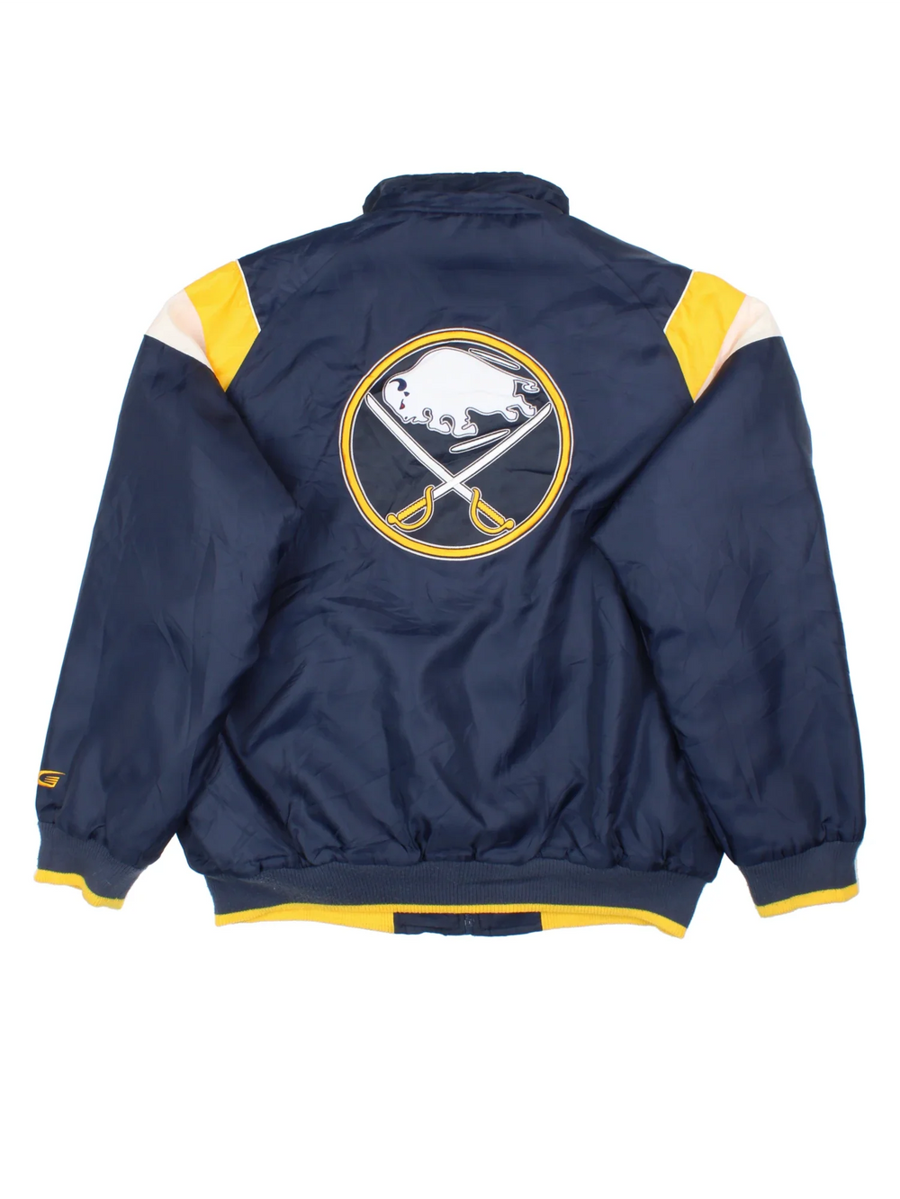 Vintage Buffalo Sabers NHL Jacket in a blue colourway with yellow and white panelling. Full zip up front, multiple pockets, small logo on the front and large logo across the back.