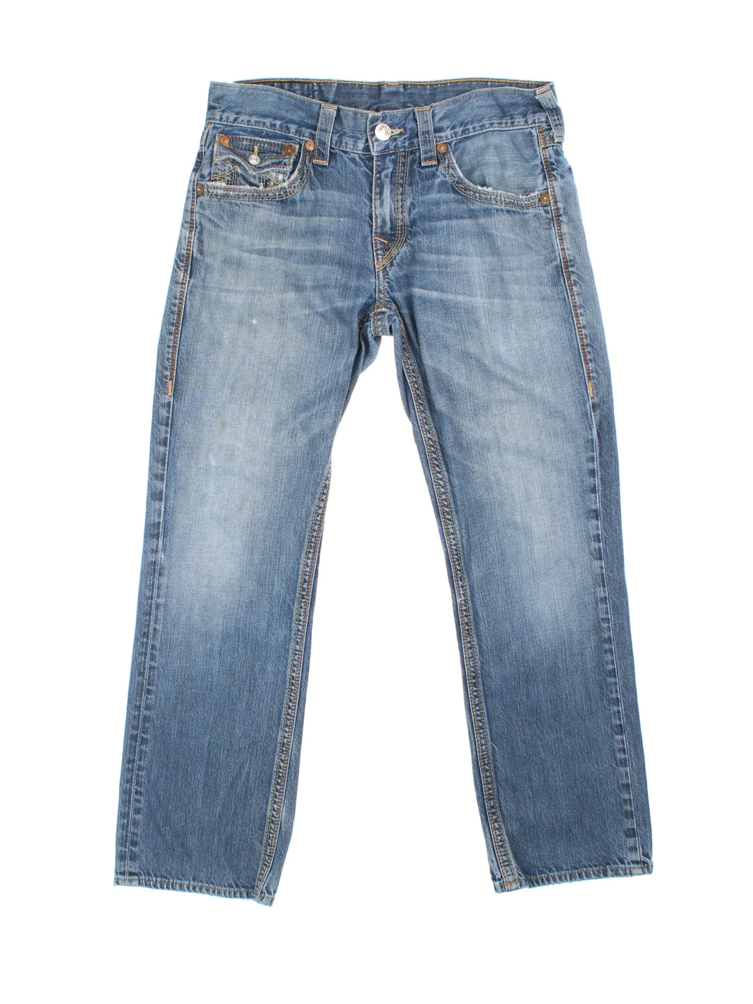 Y2K True Religion Jeans in blue colourway with multiple pockets and embroidered branding on the back.