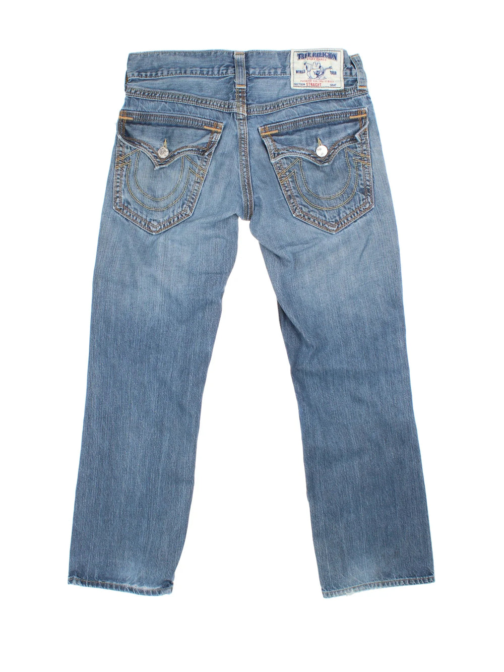 Y2K True Religion Jeans in blue colourway with multiple pockets and embroidered branding on the back.