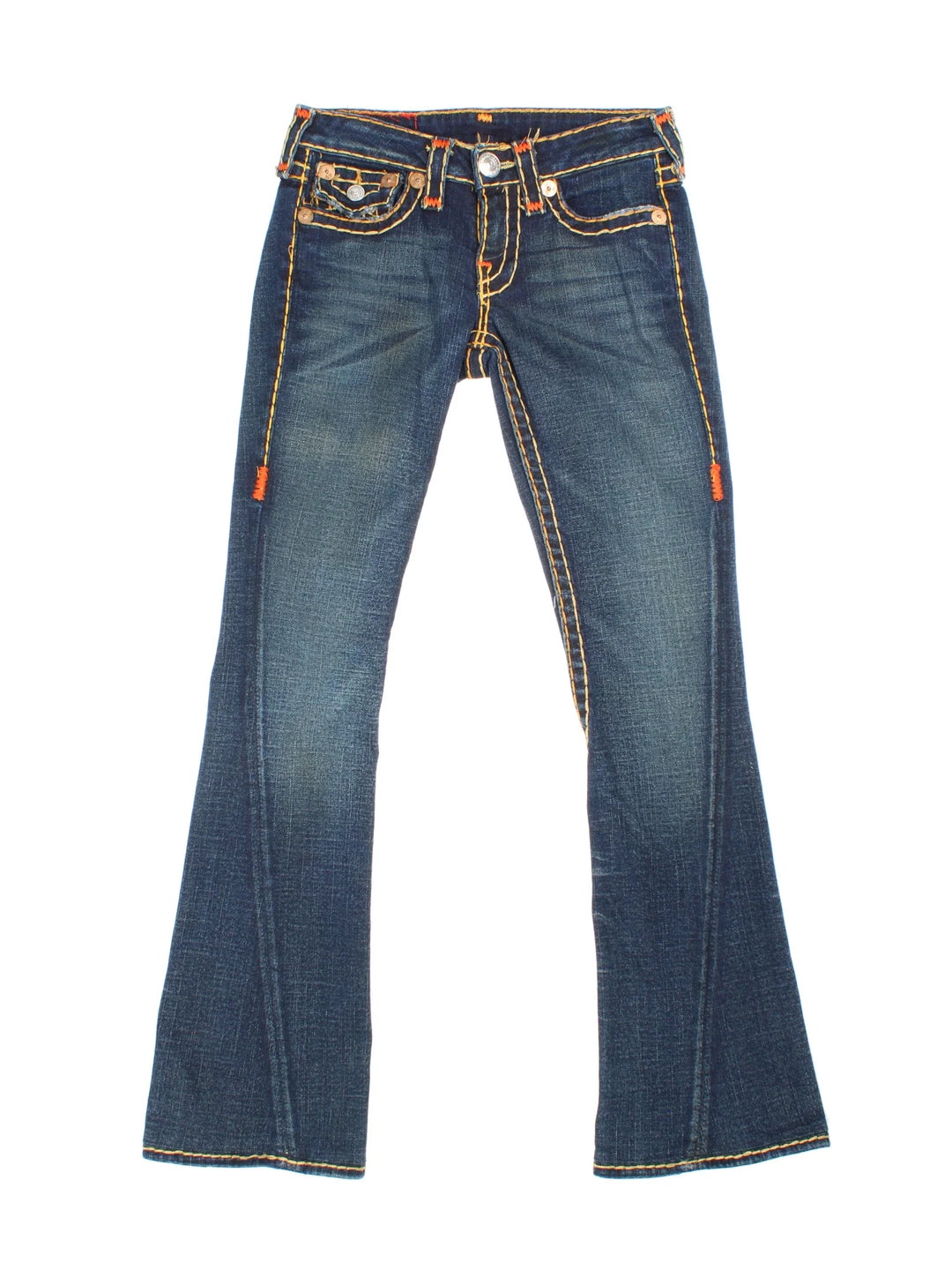 Y2K True Religion Flared Jeans in blue colourway with multiple pockets, contrast stitching and embroidered branding on the back.