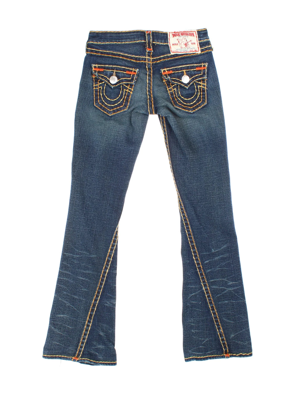 Y2K True Religion Flared Jeans in blue colourway with multiple pockets, contrast stitching and embroidered branding on the back.