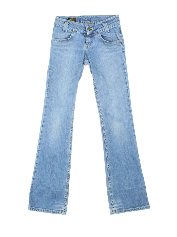 Lee Flared Jeans in blue colourway, with multiple pockets, contrast stitching and embroidered branding on the back.