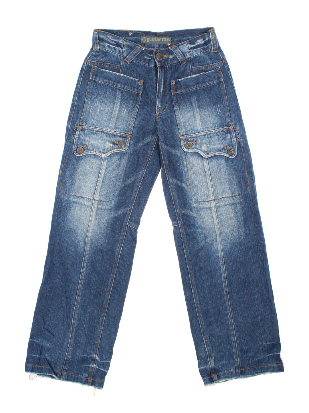Vintage Y2K G-Star Raw Jeans in blue colourway with multiple pockets, suede detailing and branding on the back.