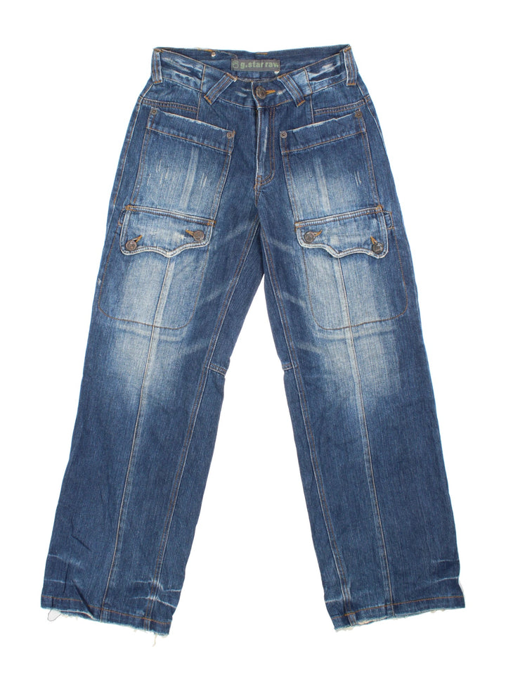 Vintage Y2K G-Star Raw Jeans in blue colourway with multiple pockets, suede detailing and branding on the back.