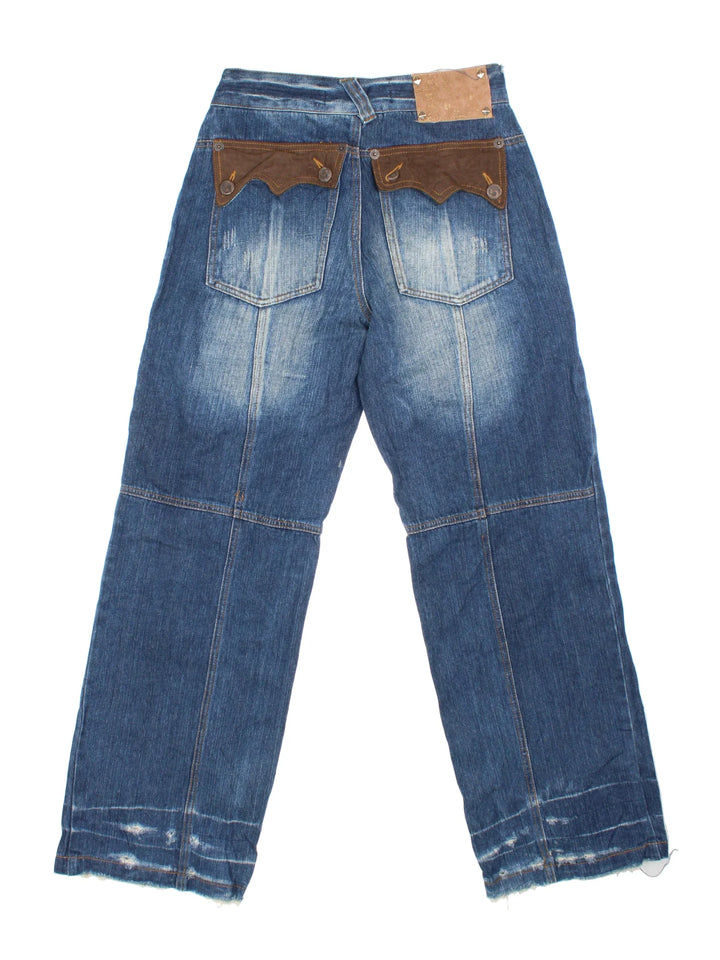 Vintage Y2K G-Star Raw Jeans in blue colourway with multiple pockets, suede detailing and branding on the back.