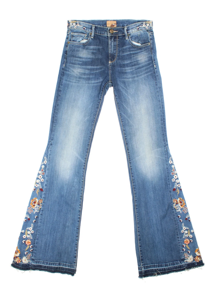 Y2K Embroidered Flared Jeans in blue colourway with multiple pockets, contrast stitching and embroidered detailing on the front/back.