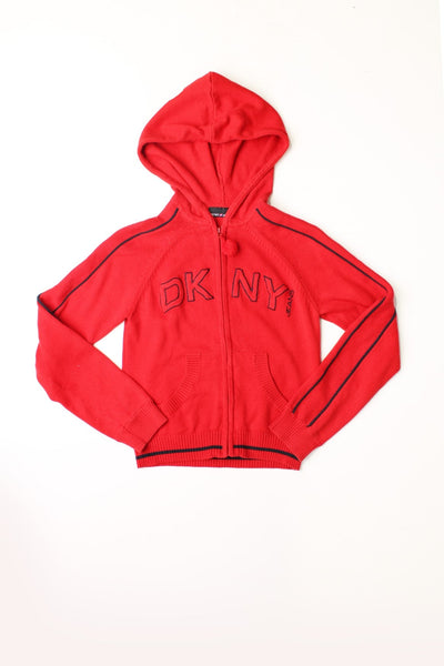 Y2K DKNY red cropped zip-up cardigan with a hood, embroidered logo, black piping and a pom-pom detail on zip