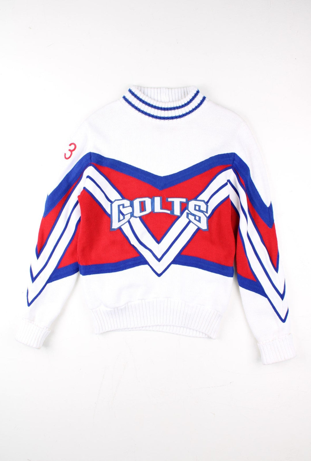 Vintage 70's Colts Cheerleader Jumper in a white/red colourway. Crew neck, with logo on front and sleeve.
