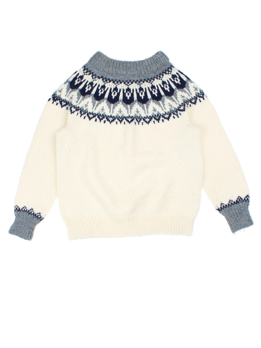 Vintage Woollen Patterned Knit Jumper in a white colourway with blue and grey patterns round the collar and cuffs.
