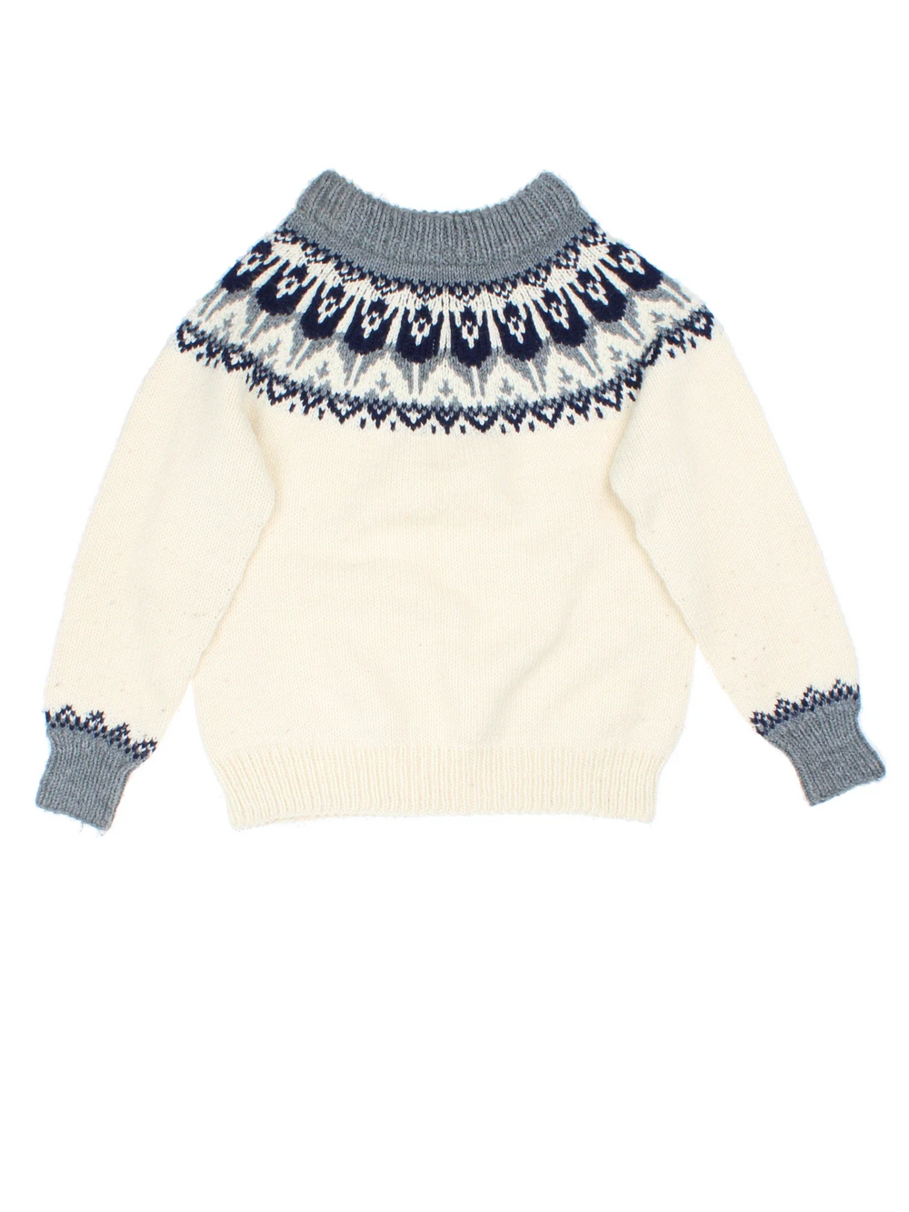 Vintage Woollen Patterned Knit Jumper in a white colourway with blue and grey patterns round the collar and cuffs.