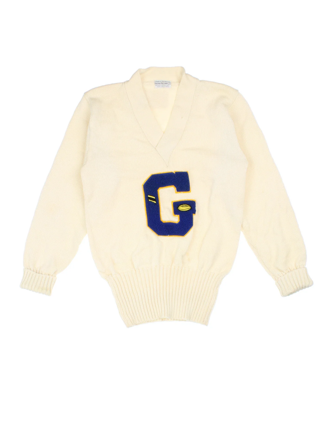 Vintage 1950's College Letterman Sweater in a tan colourway with a V neck collar and embroidered lettering on the front.