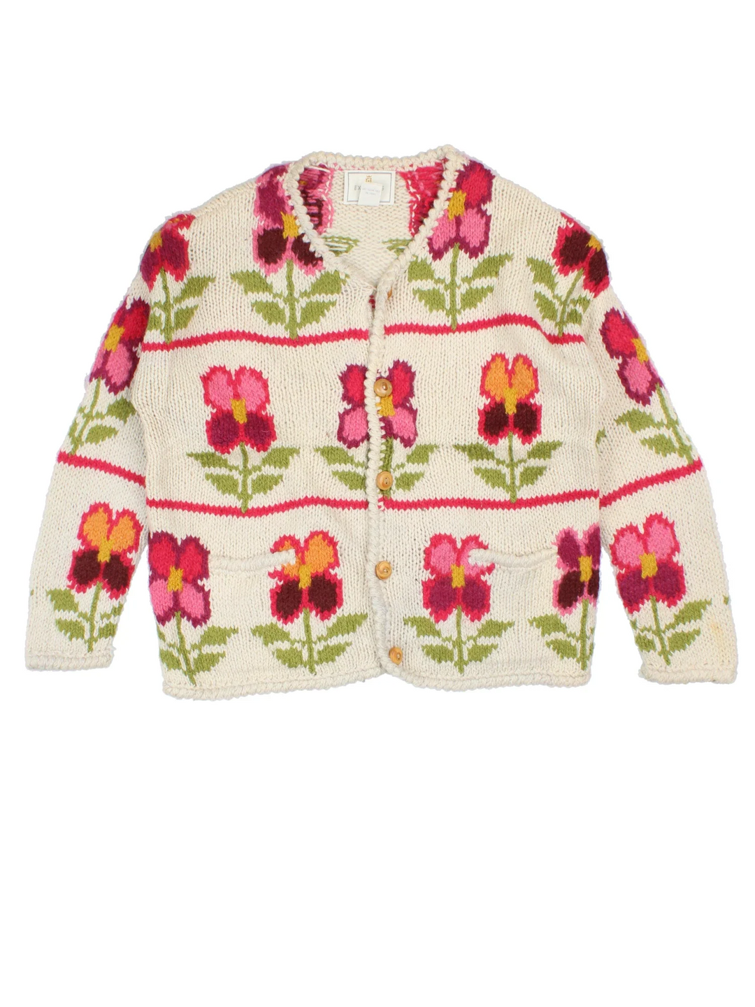 Vintage 90's Express Tricot Flower Cardigan in a tan colourway with button up closure and flowers all over.
