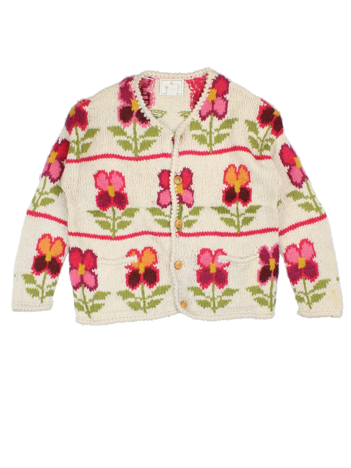 Vintage 90's Express Tricot Flower Cardigan in a tan colourway with button up closure and flowers all over.
