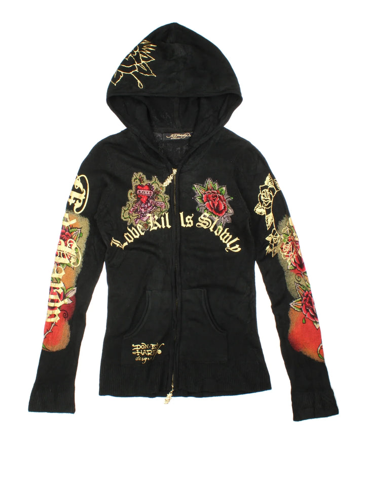 Y2K Ed Hardy Love Kills Slowly Knit Hoodie in a blue colourway with graphics and logo printed all over, has sequin details, zip up closures and has side pockets.