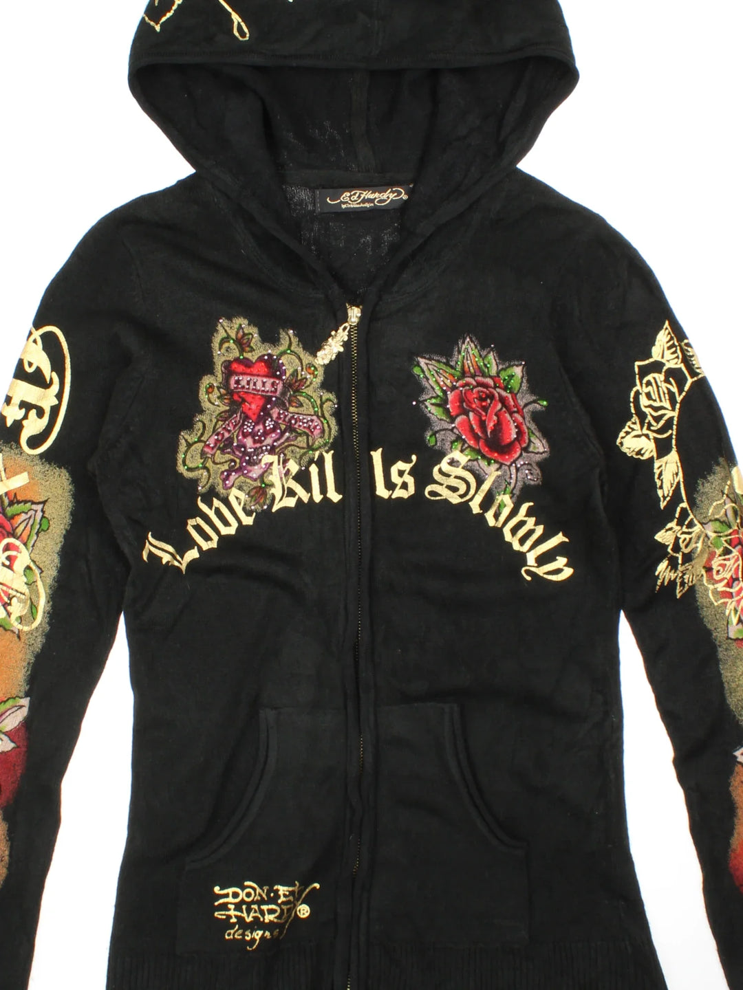 Y2K Ed Hardy Love Kills Slowly Knit Hoodie in a blue colourway with graphics and logo printed all over, has sequin details, zip up closures and has side pockets.