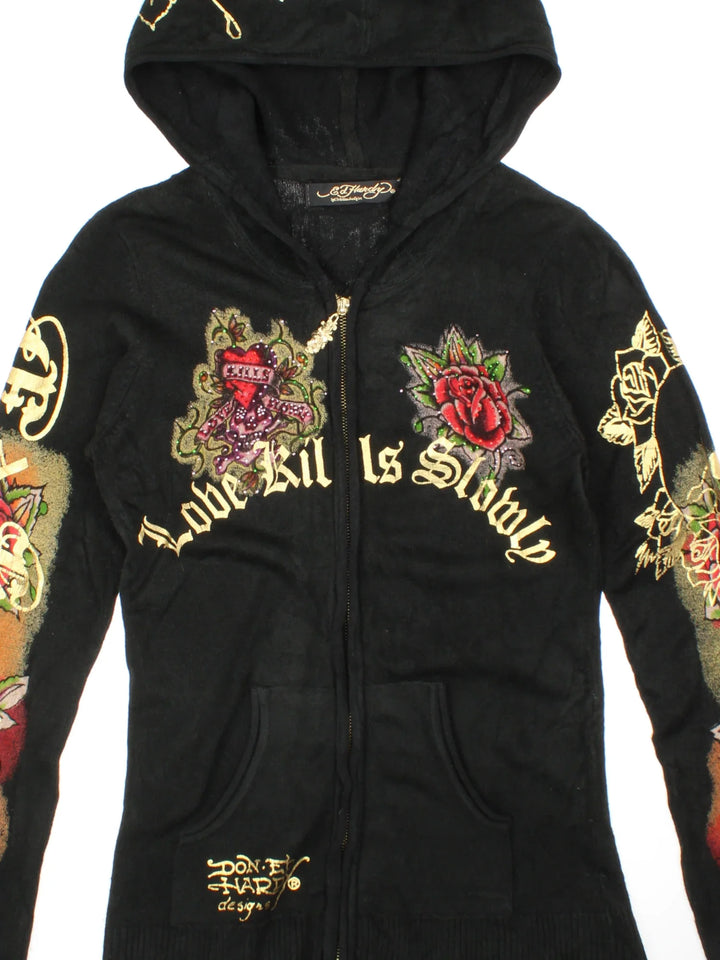 Y2K Ed Hardy Love Kills Slowly Knit Hoodie in a blue colourway with graphics and logo printed all over, has sequin details, zip up closures and has side pockets.