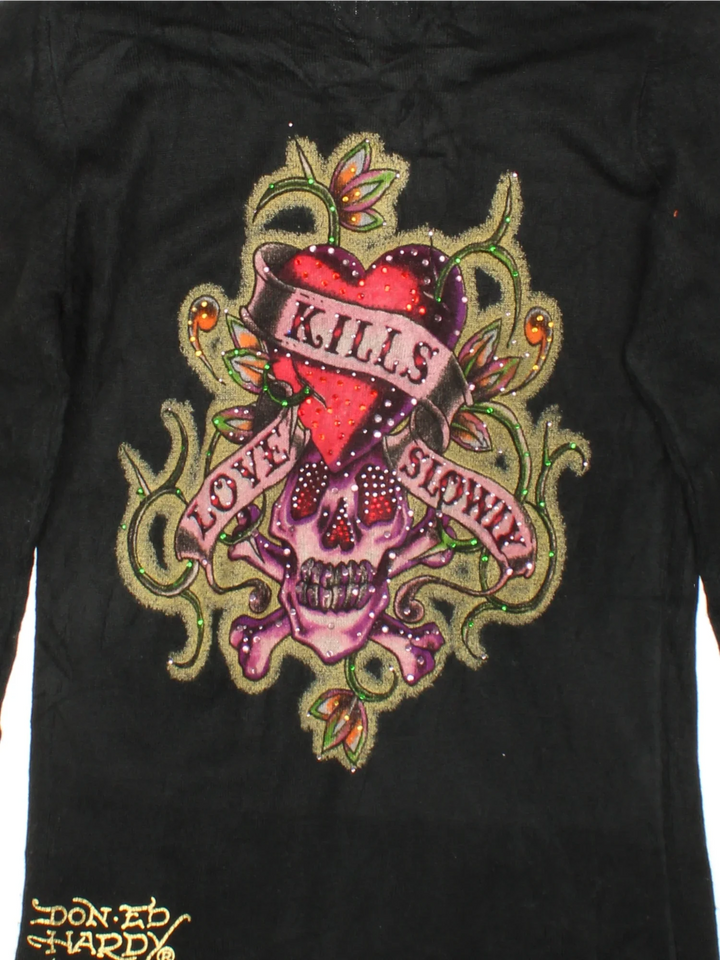 Y2K Ed Hardy Love Kills Slowly Knit Hoodie in a blue colourway with graphics and logo printed all over, has sequin details, zip up closures and has side pockets.