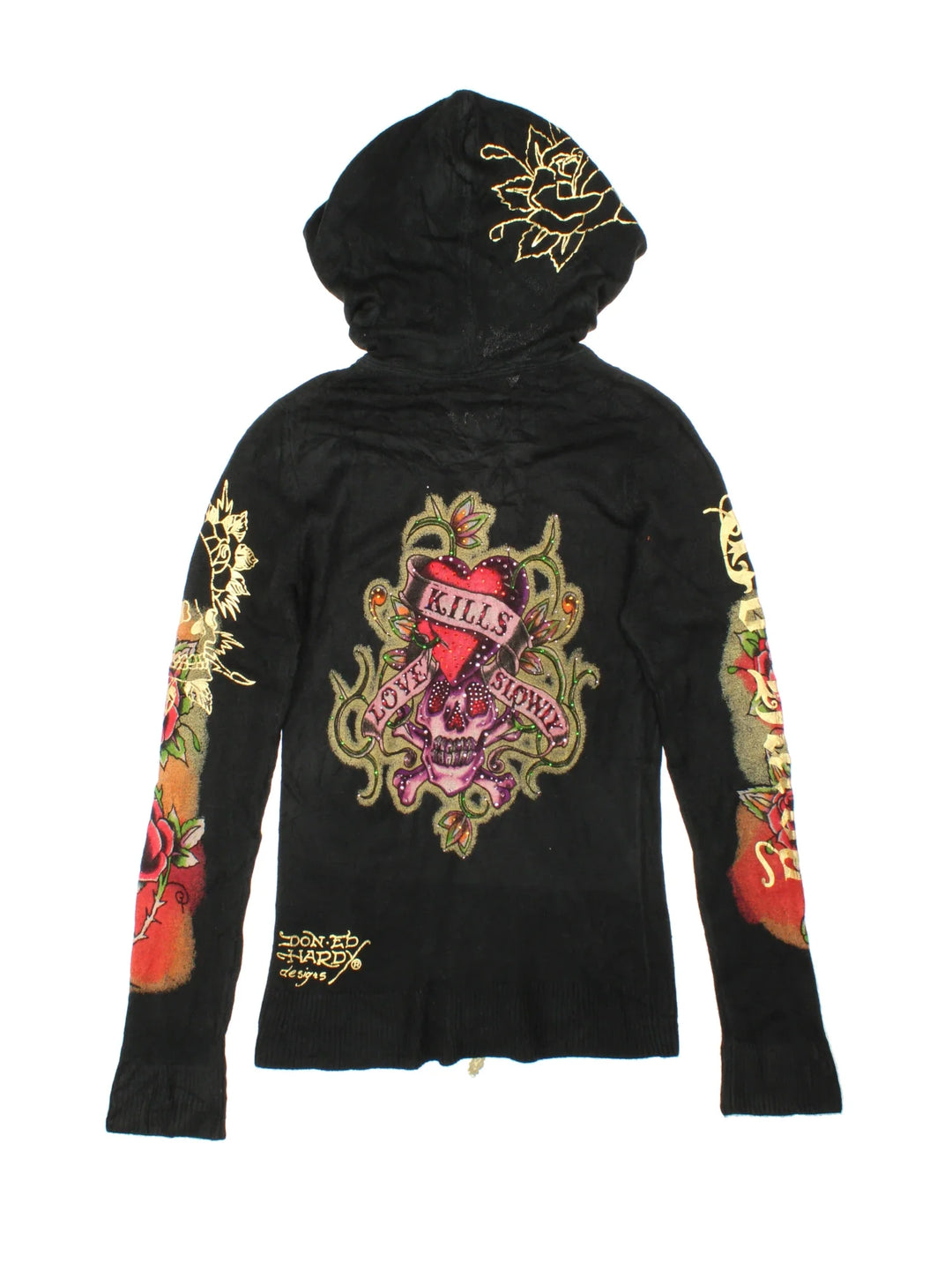 Y2K Ed Hardy Love Kills Slowly Knit Hoodie in a blue colourway with graphics and logo printed all over, has sequin details, zip up closures and has side pockets.