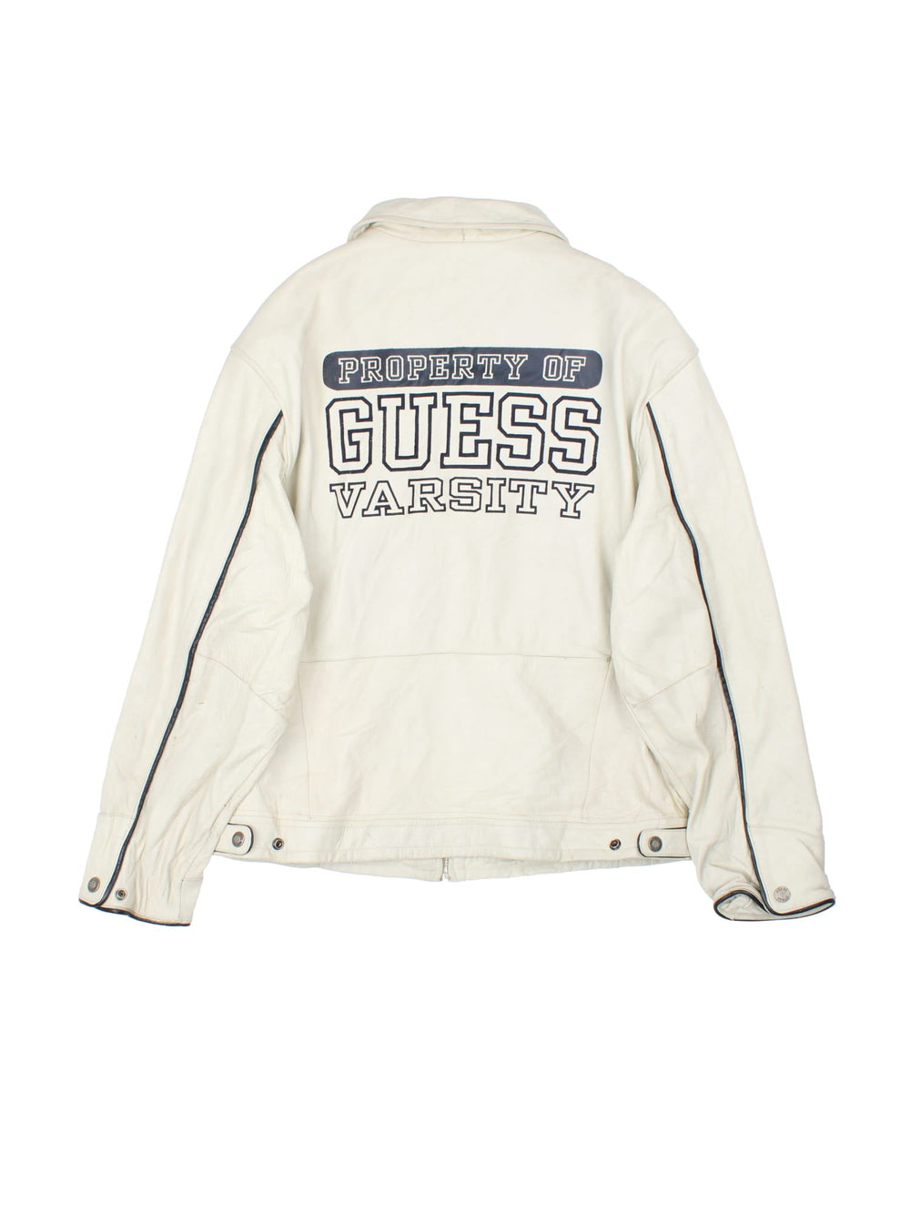 Vintage Guess 1981 Leather Jacket in a tan colourway. Full zip up with double pocket on the front. Varsity style lettering on the front and graphic on the back.