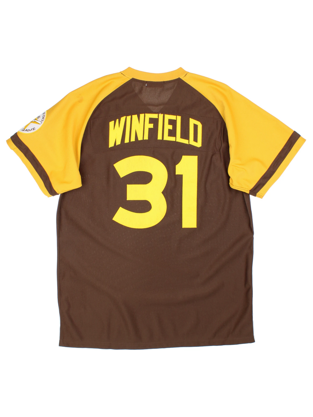 1978 San Diego Padres MLB Mitchell & Ness Jersey in brown with yellow accents, embroidered team logos on the front and sleeves and no.31 Winfield on the back.