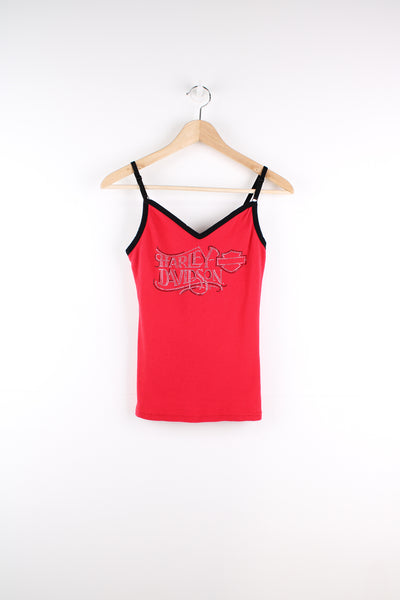 Harley-Davidson all red cotton vest top with spaghetti straps and bedazzled spell-out logo across the front 