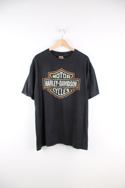 2008 Orlando, Florida Harley-Davidson all black t-shirt with printed spell-out graphic on the front and back