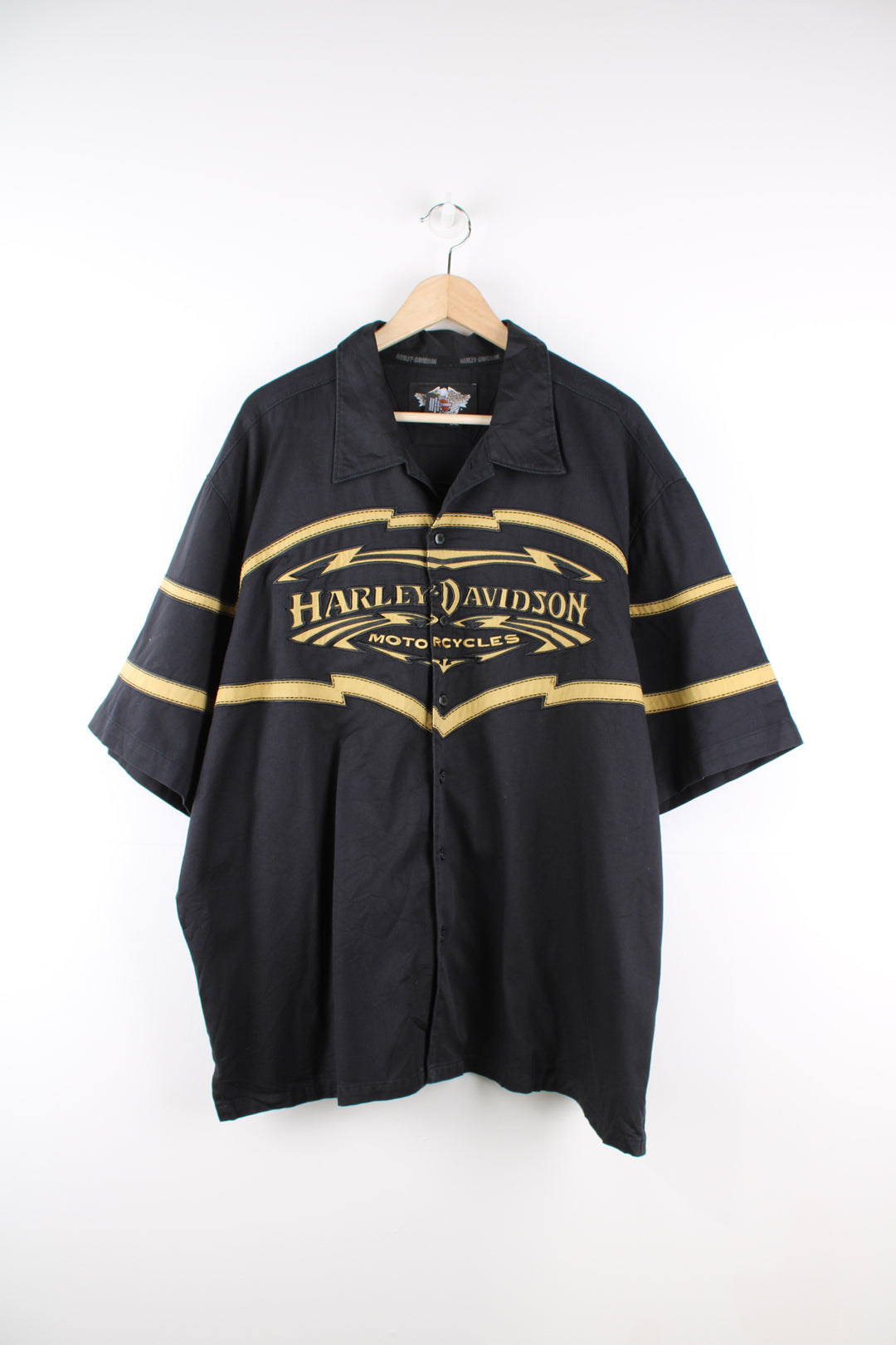 Harley-Davidson black and gold short sleeve cotton shirt, with large embroidered motif on the front and back