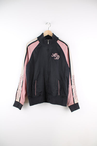Harley-Davidson black and pink nylon zip through jacket with embroidered 'Harley Davidson' spell-out on the chest, back and sleeve