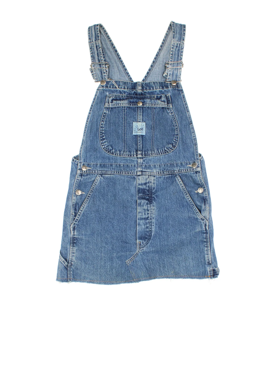 Lee Dungaree Dress in blue colourway with multiple pockets, adjustable straps and the logo embroidered on the front/back.