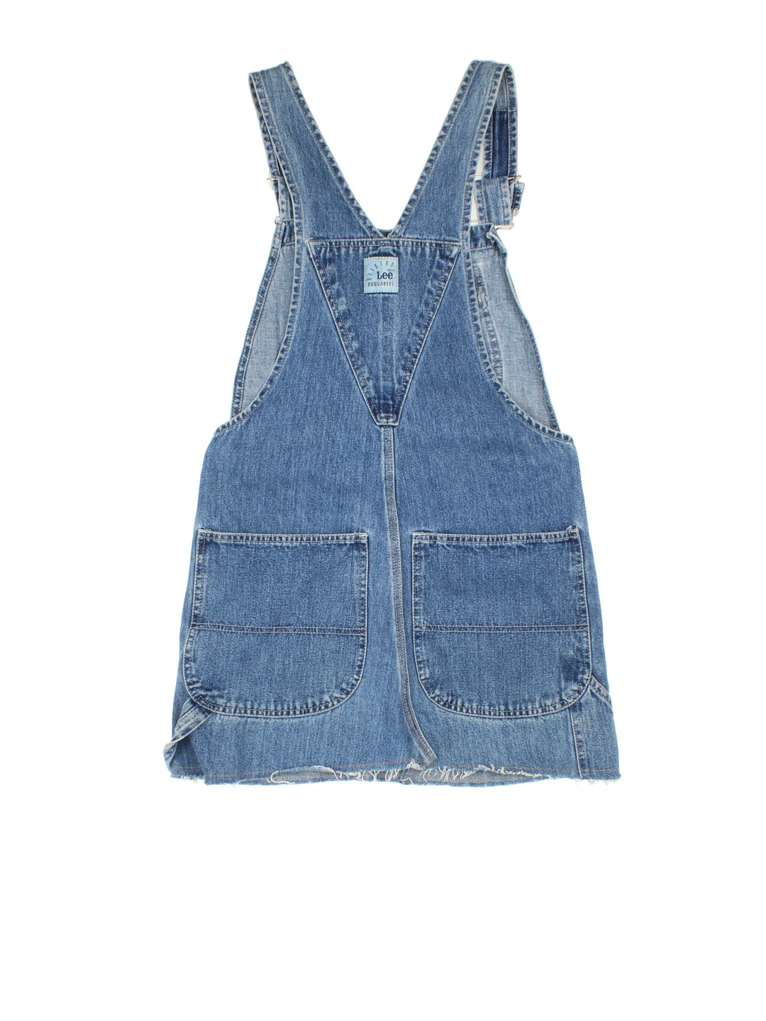 Lee Dungaree Dress in blue colourway with multiple pockets, adjustable straps and the logo embroidered on the front/back.