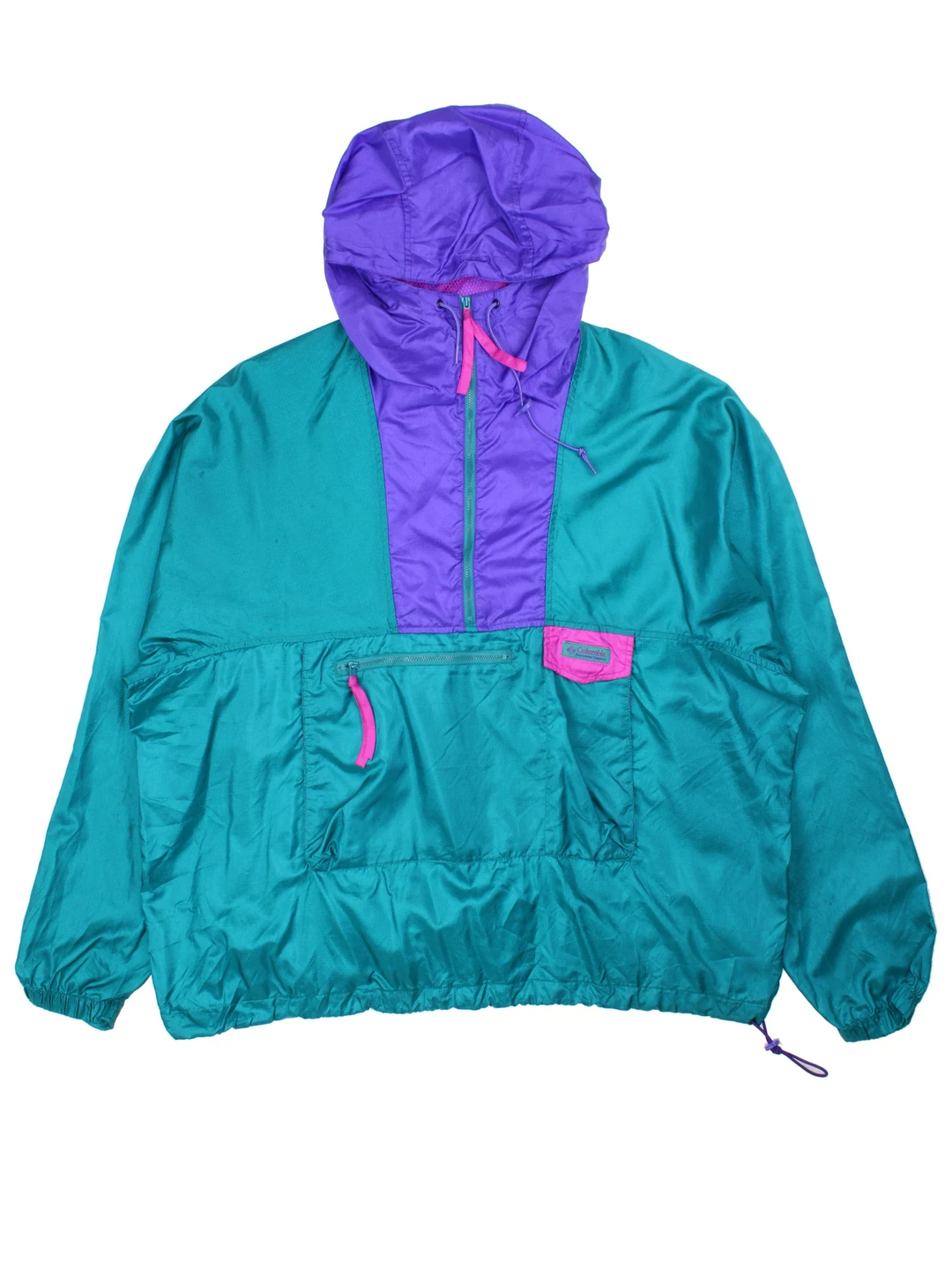 Vintage 90's Columbia Windbreaker Jacket in a green/purple colourway. 1/4 zip fastening, hooded and has large front pocket. Drawstring hem and has the logo embroidered on the front.