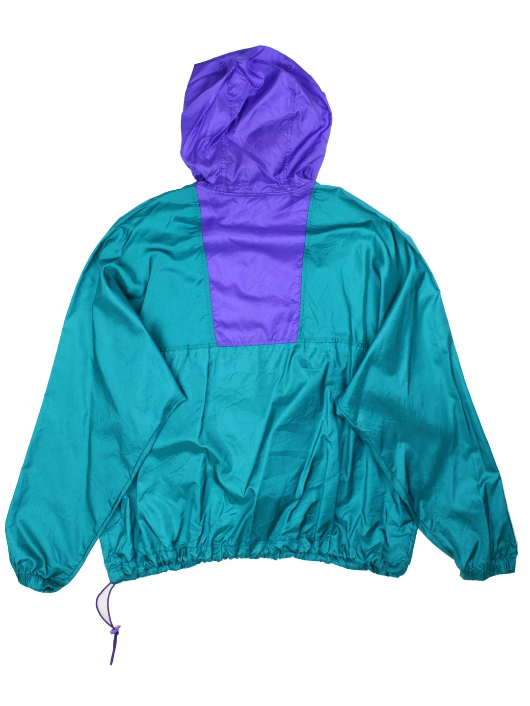 Vintage 90's Columbia Windbreaker Jacket in a green/purple colourway. 1/4 zip fastening, hooded and has large front pocket. Drawstring hem and has the logo embroidered on the front.
