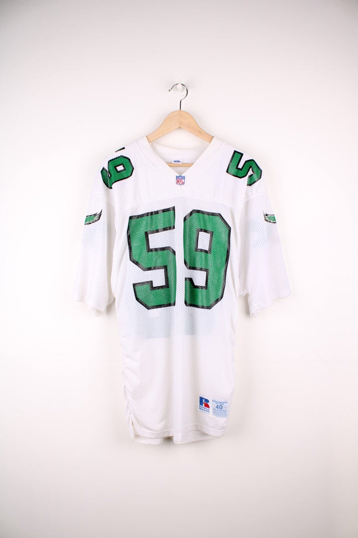 90's NFL Philadelphia Eagles Russell Athletic Jersey in a white, green and black colourway, Seth Joyner number 59 printed on the back and on the front with logos.