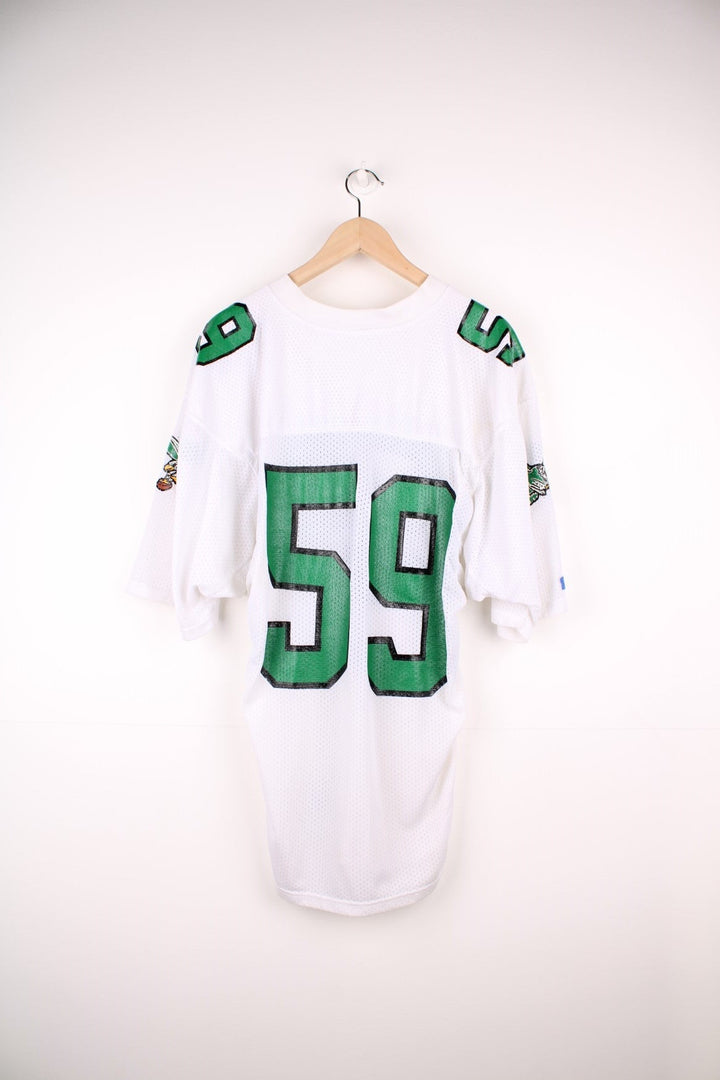 90's NFL Philadelphia Eagles Russell Athletic Jersey in a white, green and black colourway, Seth Joyner number 59 printed on the back and on the front with logos.