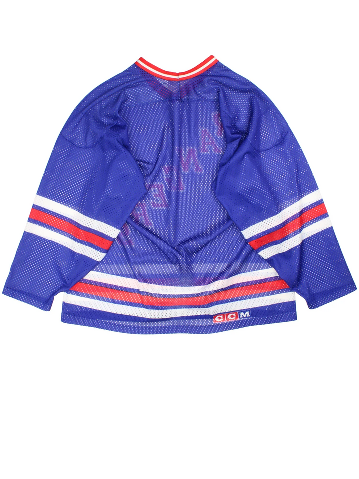 New York Rangers NHL Jersey in the blue/red team colourway, features V neckline, printed logos and badge on the front.
