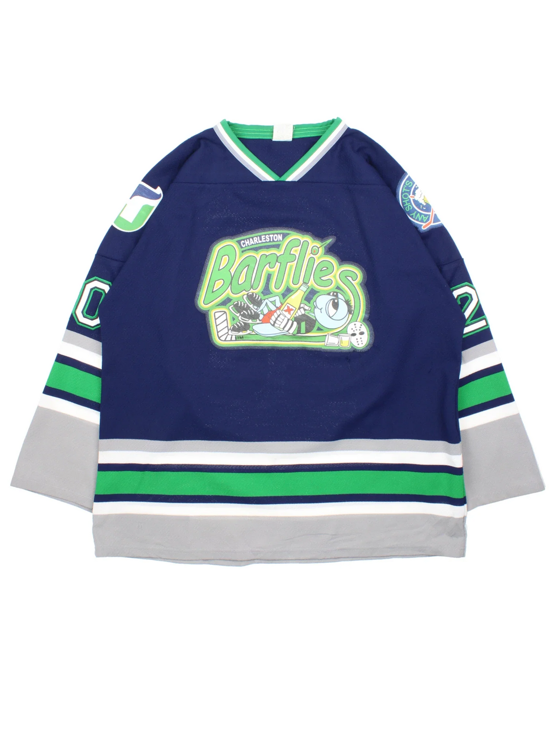 Charleston Barflies NHL Jersey in a  blue colourway, features embroidered logos and badge on the front and sleeves. Green,white and sliver stripe detailing and large number on the back.