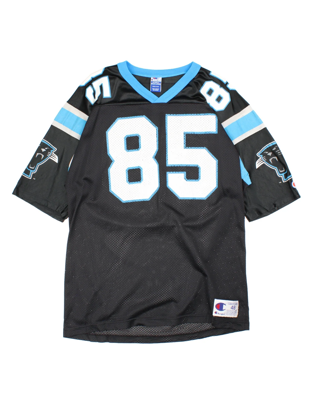 Carolina Panthers Champion NFL Jersey in a black colourway, features logos and number on the front with blue stripe detailing on the sleeves and player name WALLS #85 on the back.