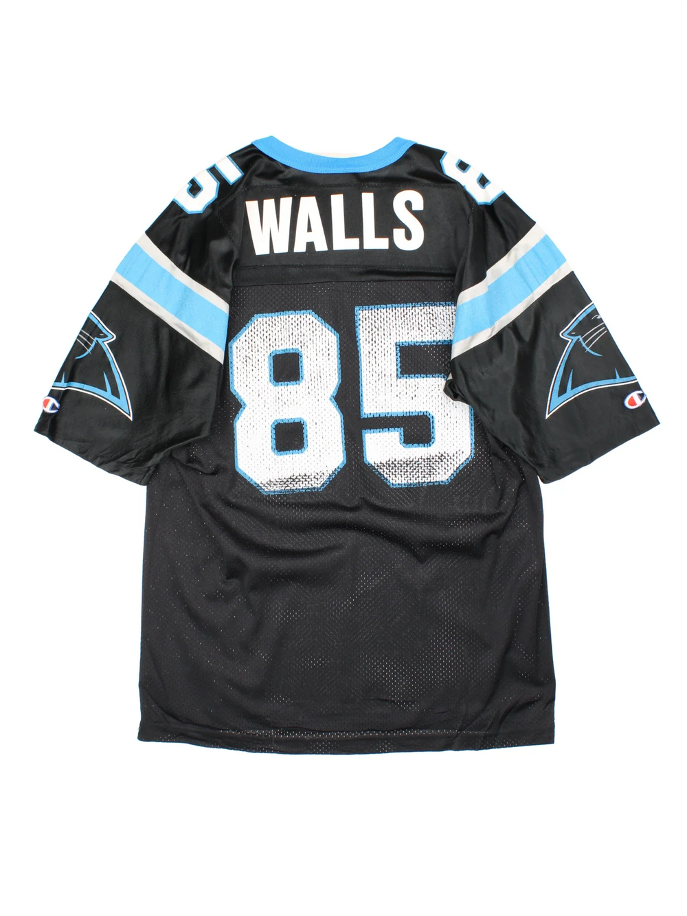Carolina Panthers Champion NFL Jersey in a black colourway, features logos and number on the front with blue stripe detailing on the sleeves and player name WALLS #85 on the back.