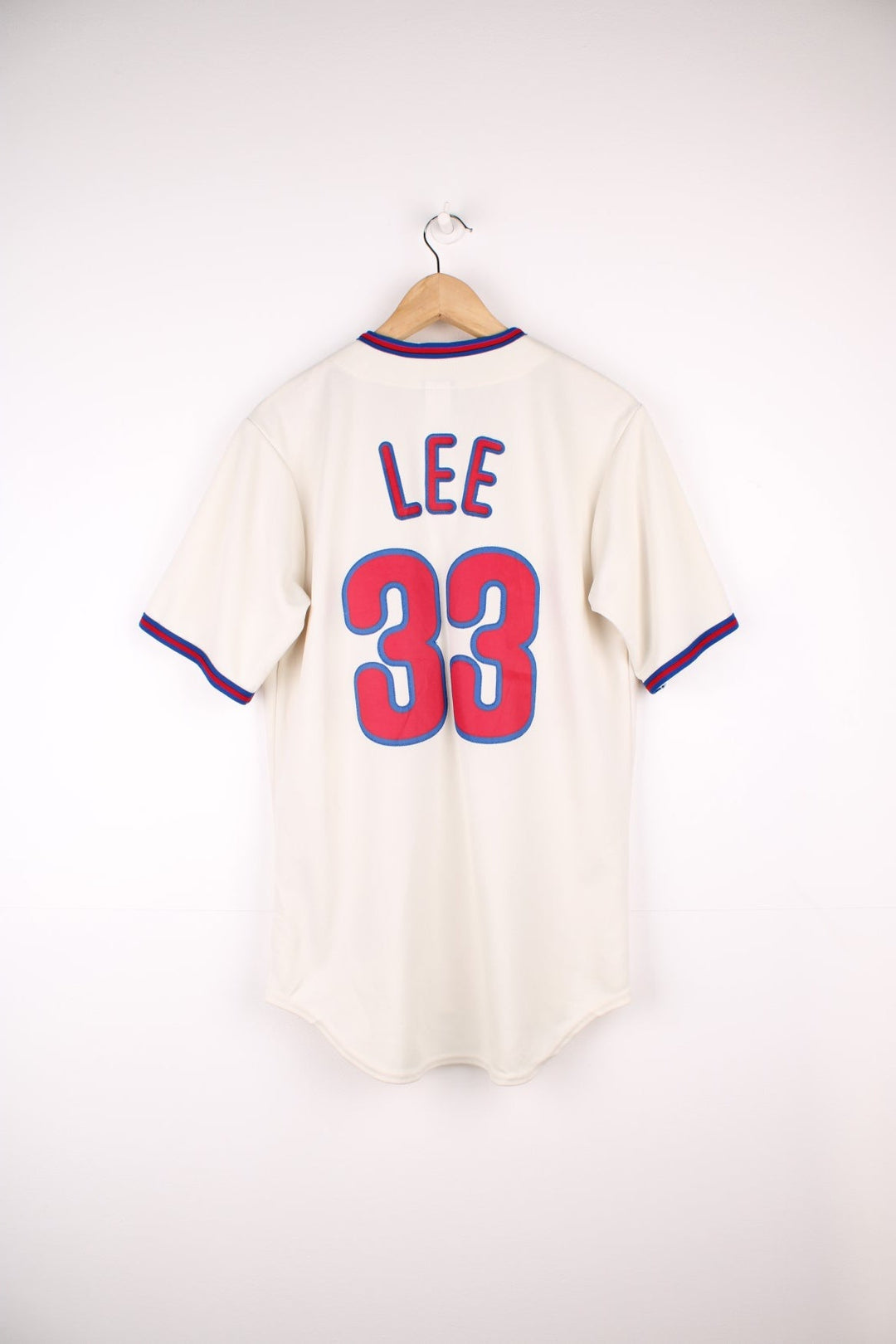 Philadelphia Phillies, Lee #33, button up baseball jersey by majestic. Features embroidered spell out logo across the chest.