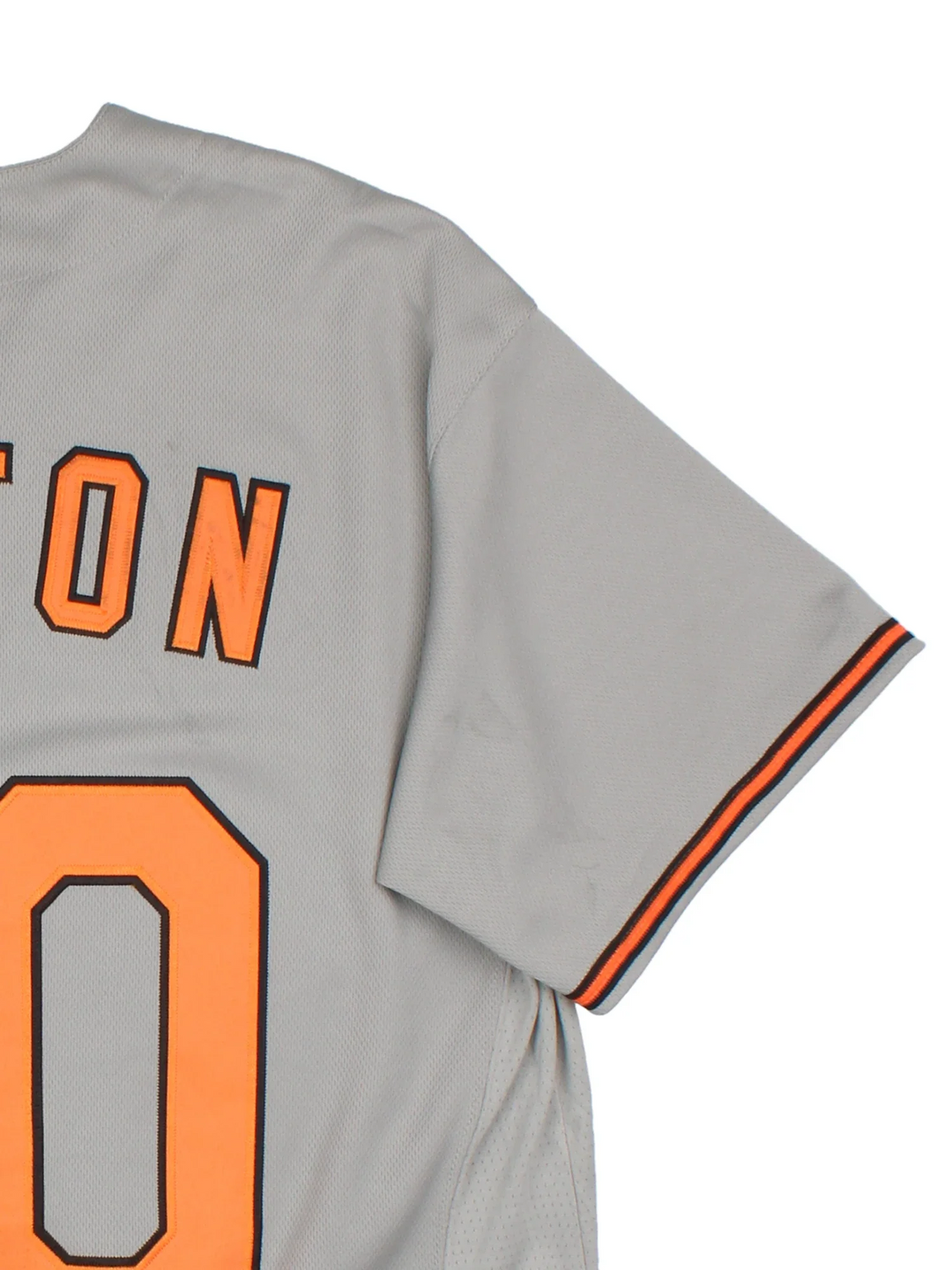 Baltimore Orioles Nike MLB Jersey in the grey colourway with orange and black detailing, features embroidered logos and badge on the front and CUSTON #00 on the back.