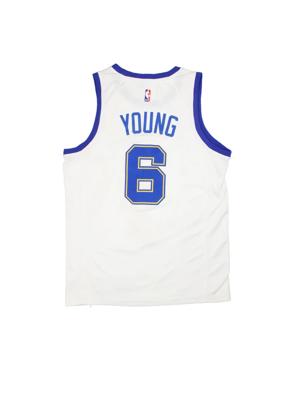 Golden State Warriors Nike NBA Jersey in the white colourway with blue trim, features logos and badge on the front and YOUNG #6 on the back.