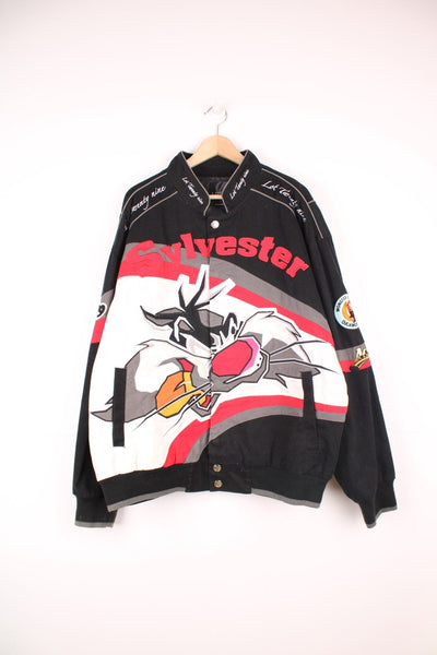 2000's Looney Tune's Sylvester zip through cotton racing jacket by Lot 29, features all over embroidered cartoon design