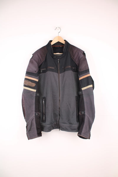 Harley Davidson zip through motorcycle jacket in grey and black, features multiple pockets, and embroidered badges